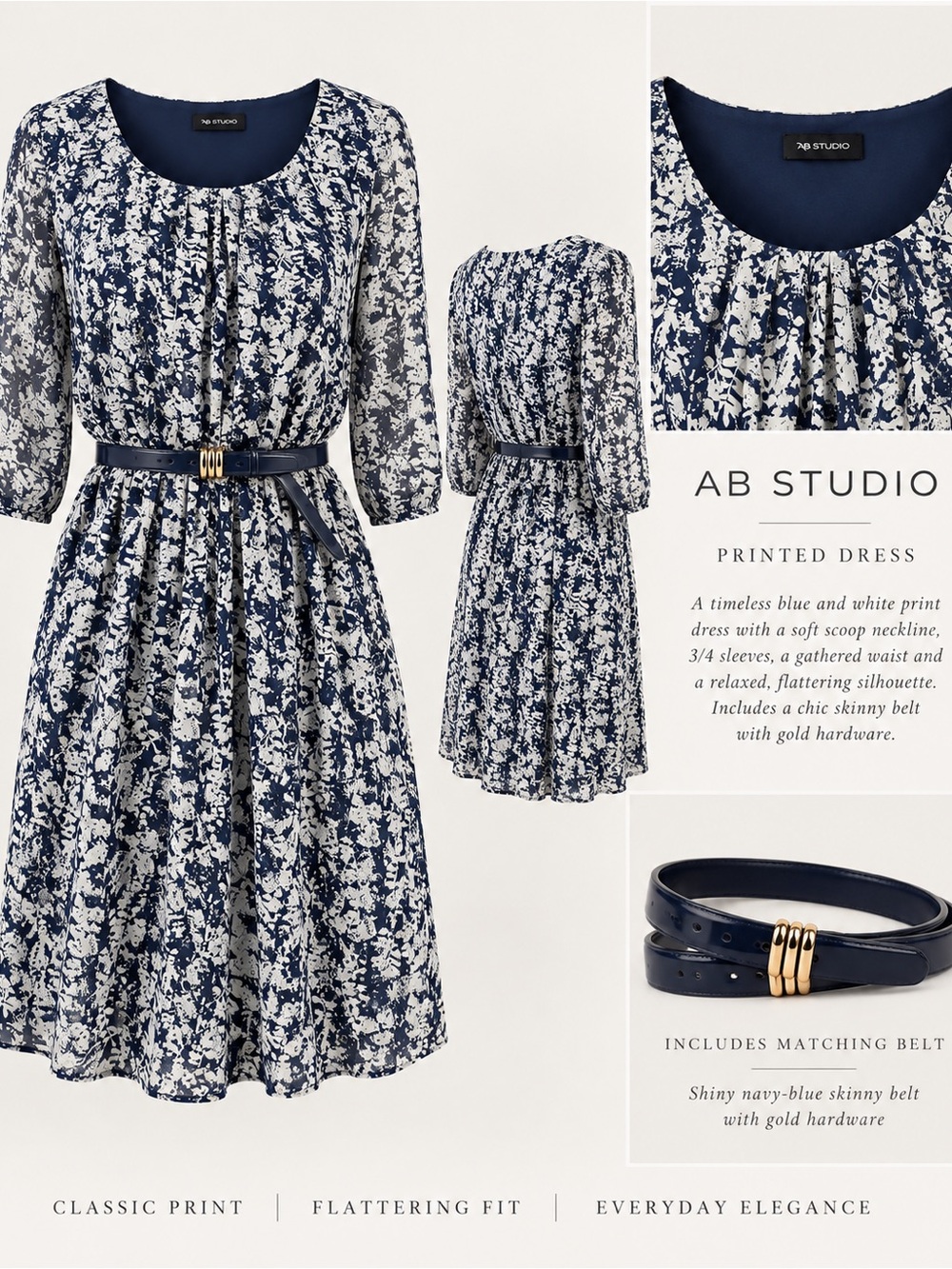 AB Studio Navy and White Floral Midi Dress